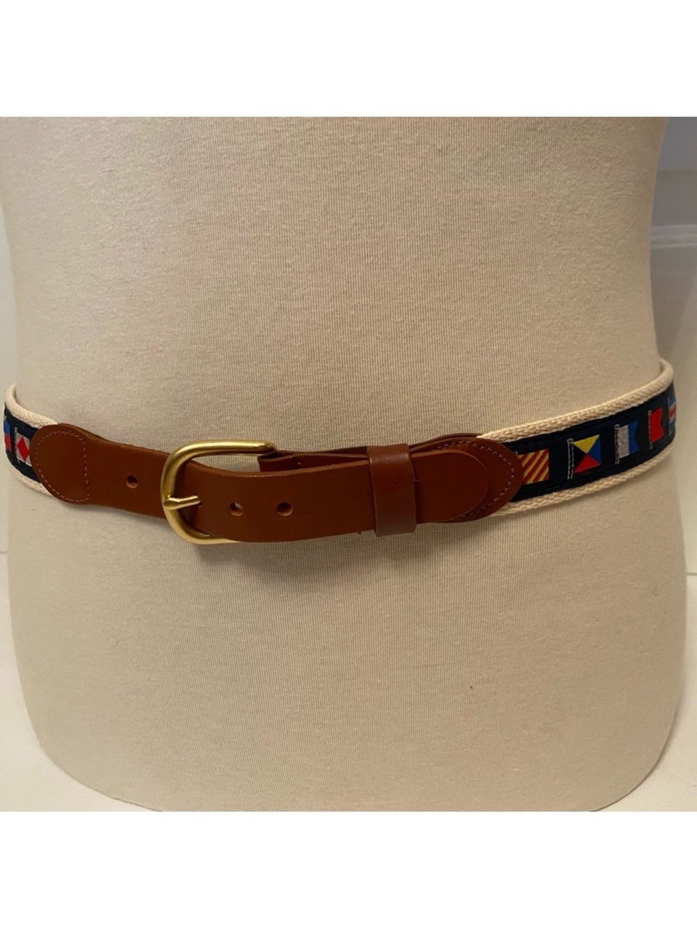 LEATHER MAN MENS BELT NAVY BLUE SAILING FLAGS NAUTICAL CREAM WEBBING USA SIZE 36